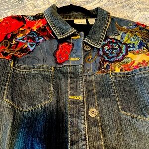 Chico’s Women’s beautiful & floral blue denim embroidered jacket
